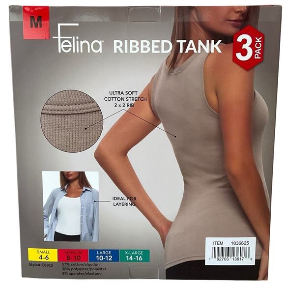 Felina Ribbed Tank 3-Pack White Tan Black Size Medium NIB - Picture 2 of 6